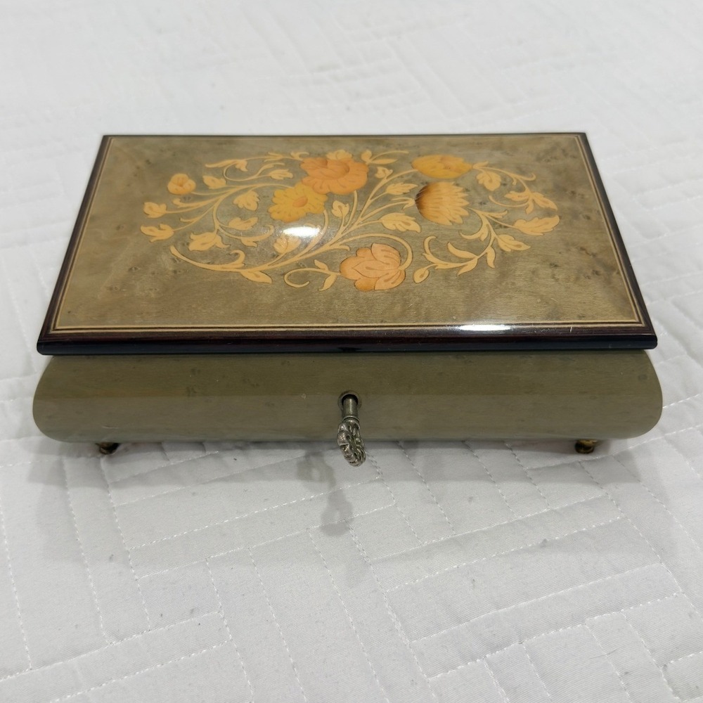 Vintage Italian Marquetry Floral Inlay Wood Music Jewelry Box Made in Italy